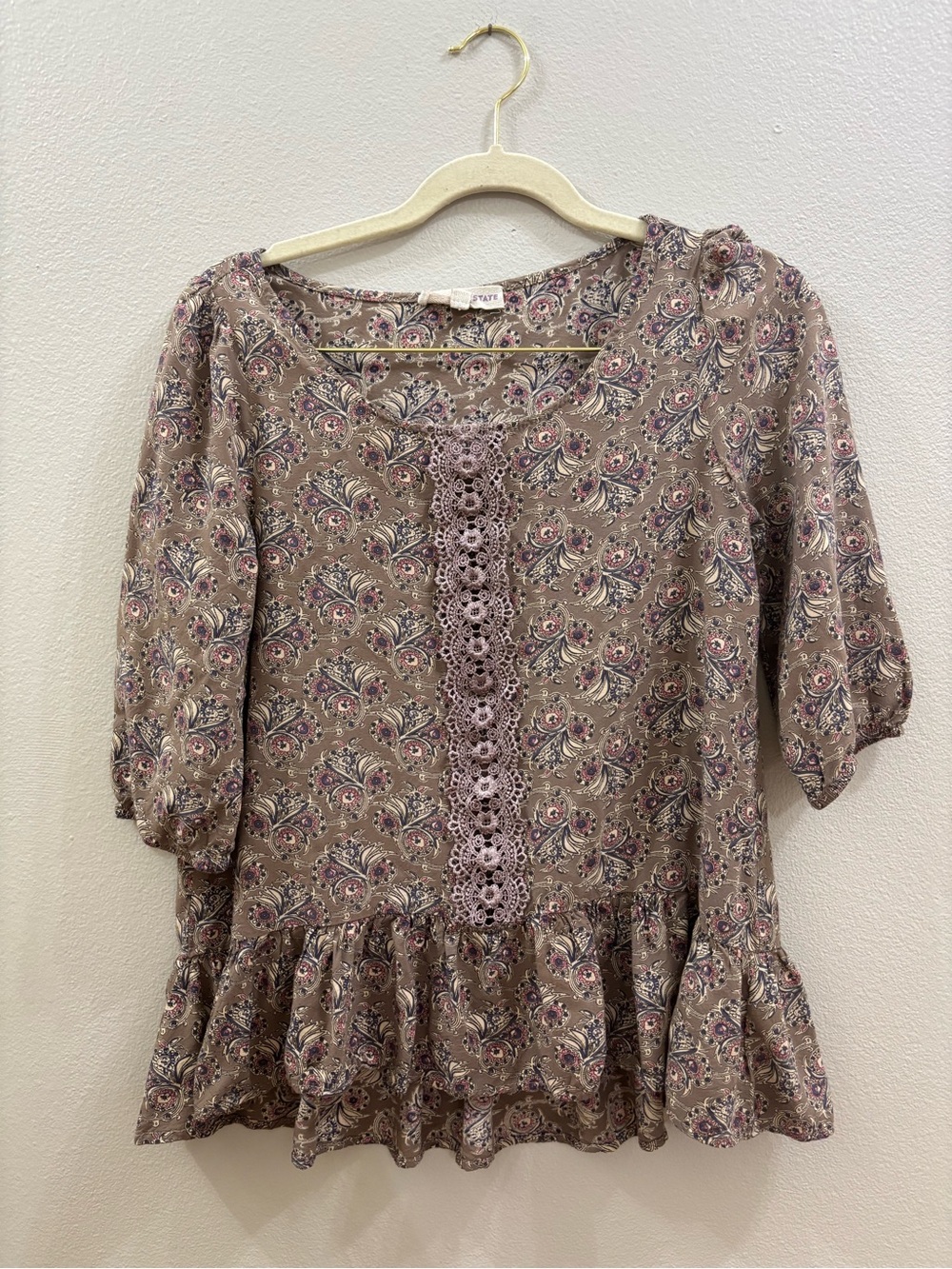 Altar’d stateWomen's Paisley Peplum Tunic in Taupe with Pink Accents -